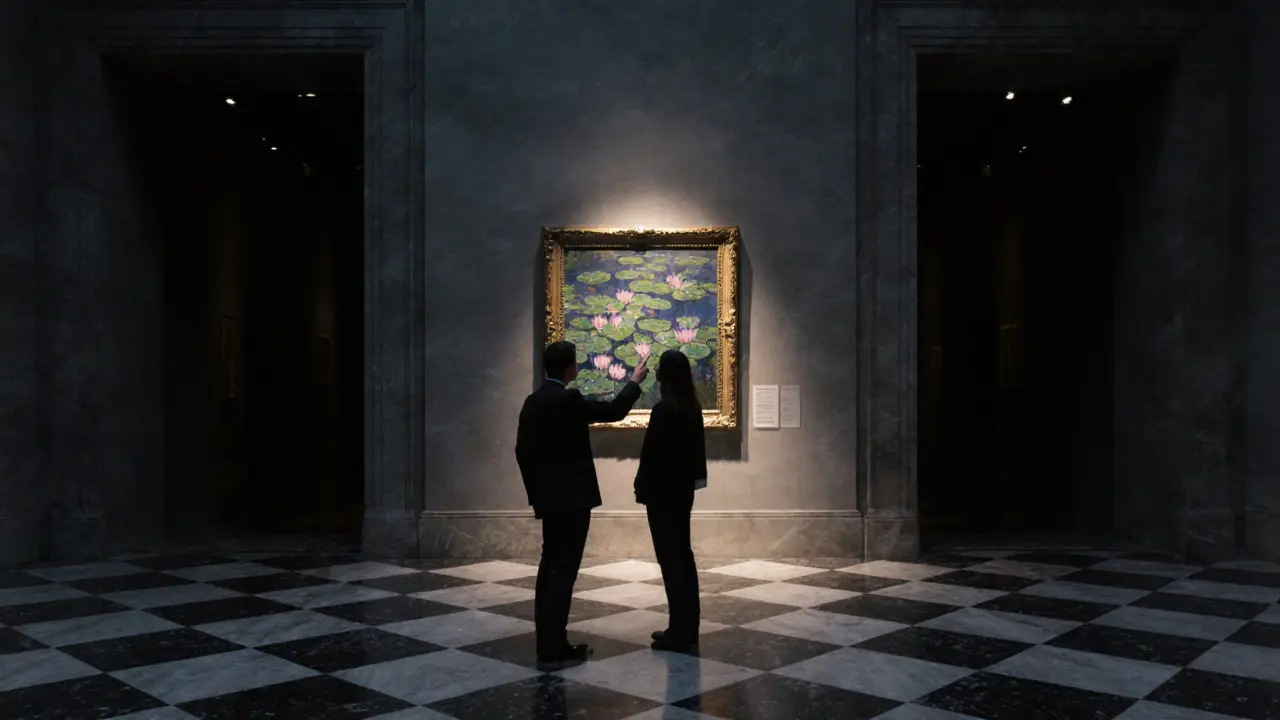 A couple viewing a Monet painting in the empty Musée d&#039;Orsay after hours, bathed in soft spotlight.