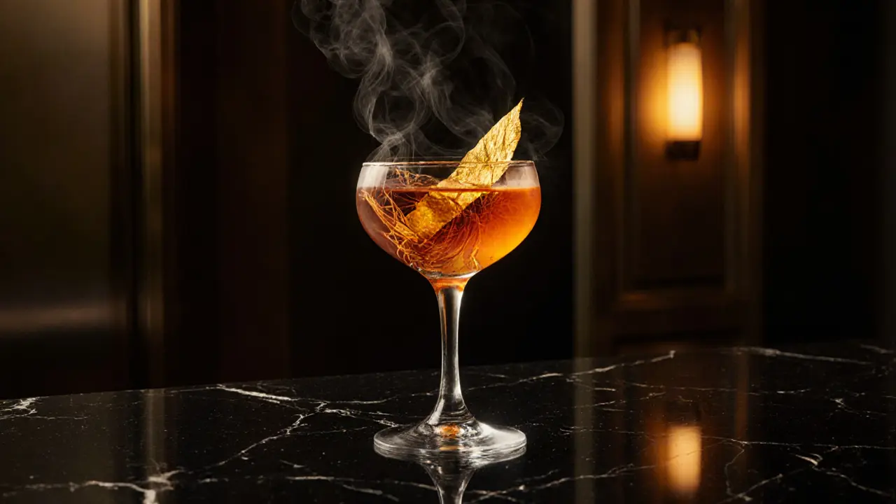 A golden-leafed cocktail glows on a dark bar counter, lit by ambient light in an exclusive rooftop lounge.