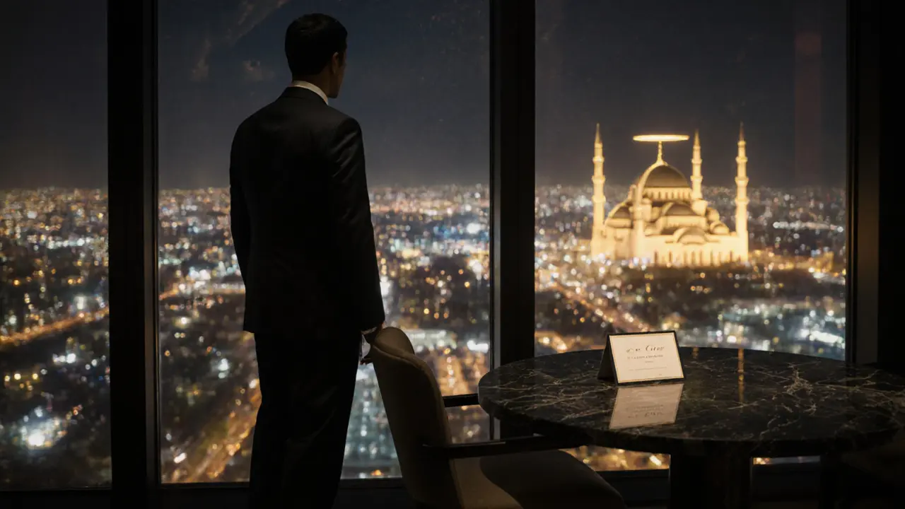 A lone figure stands by a window at a high-rise lounge, the mosque glowing below, an invitation card on the table.