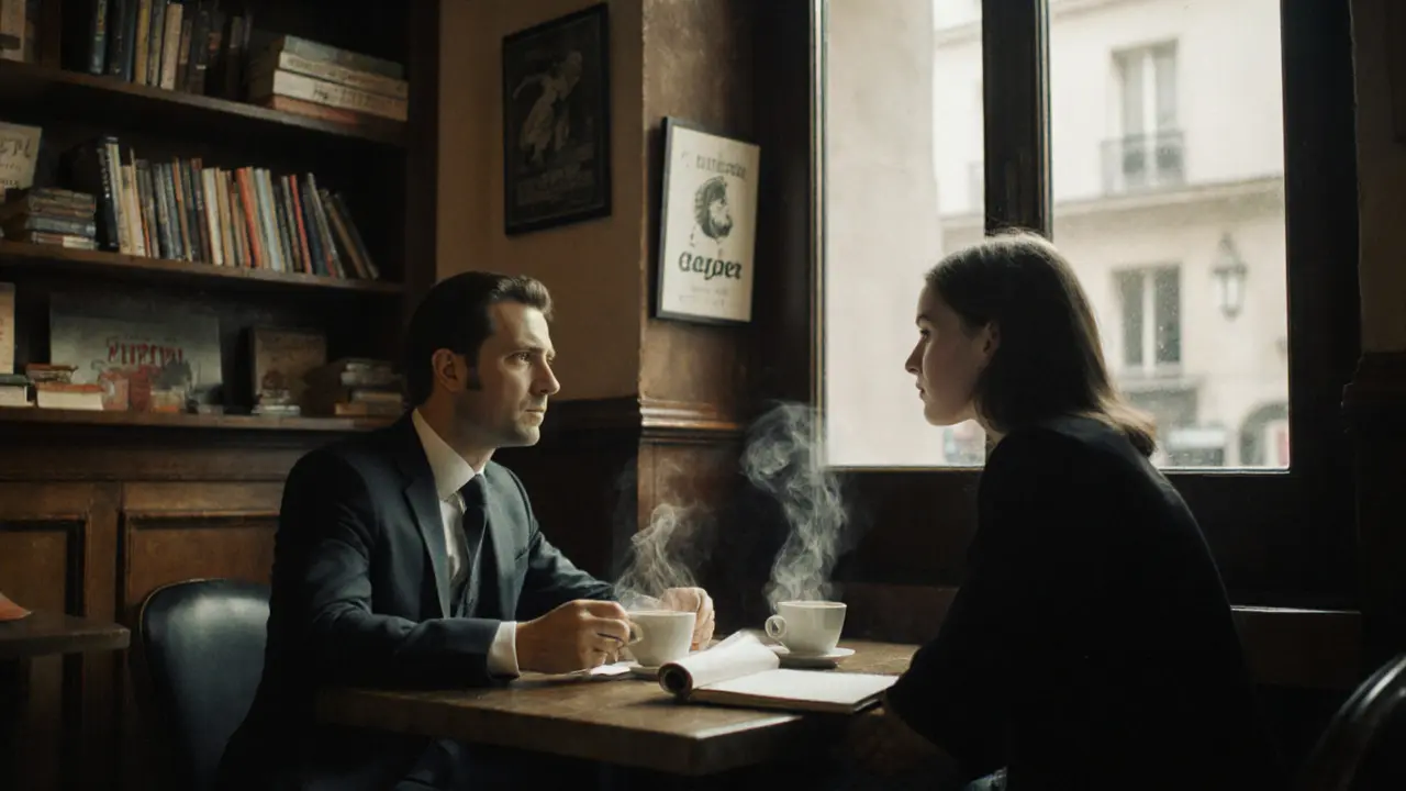 A quiet coffee meeting in Saint-Germain-des-Prés with two people engaged in thoughtful conversation.