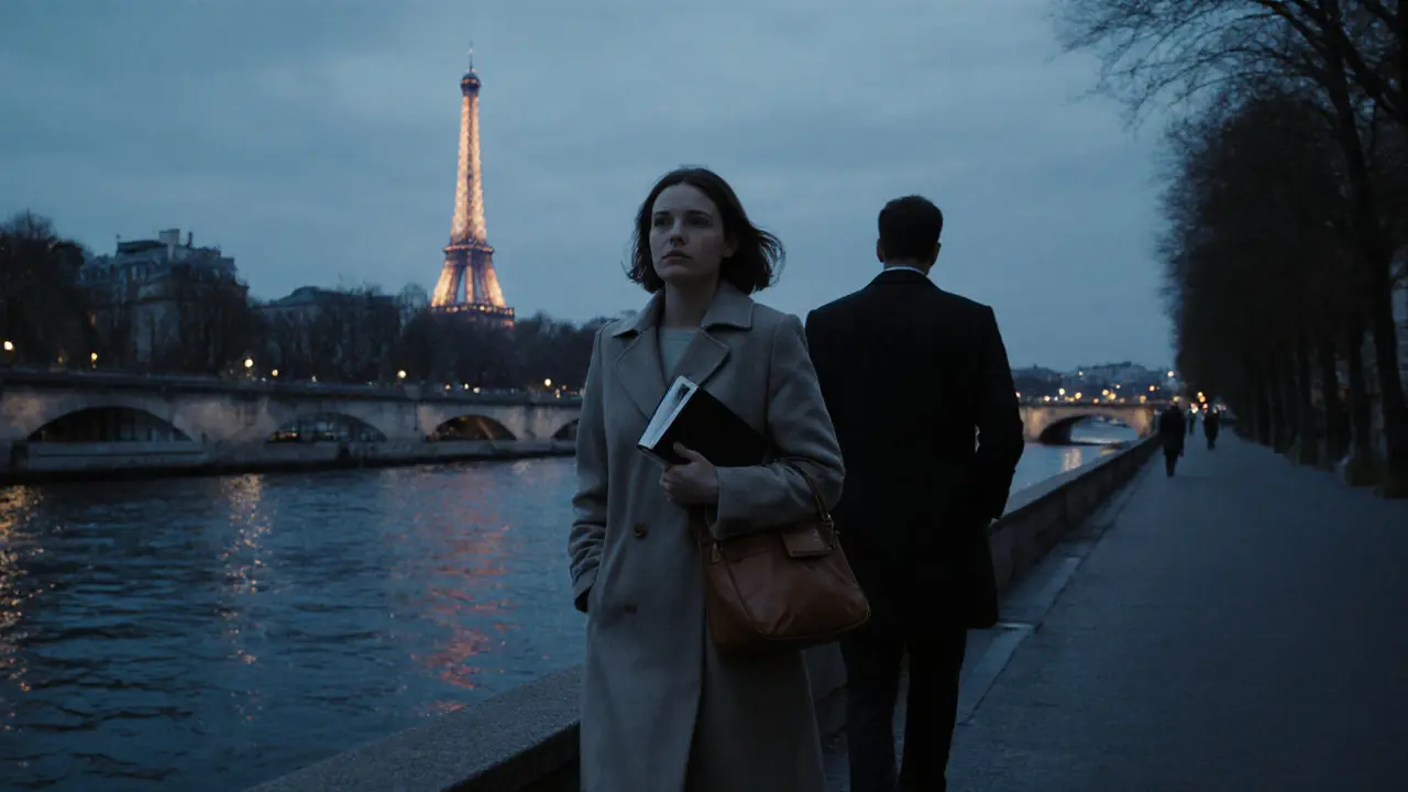 A woman walking along the Seine at dusk, book in hand, man quietly following in the background.