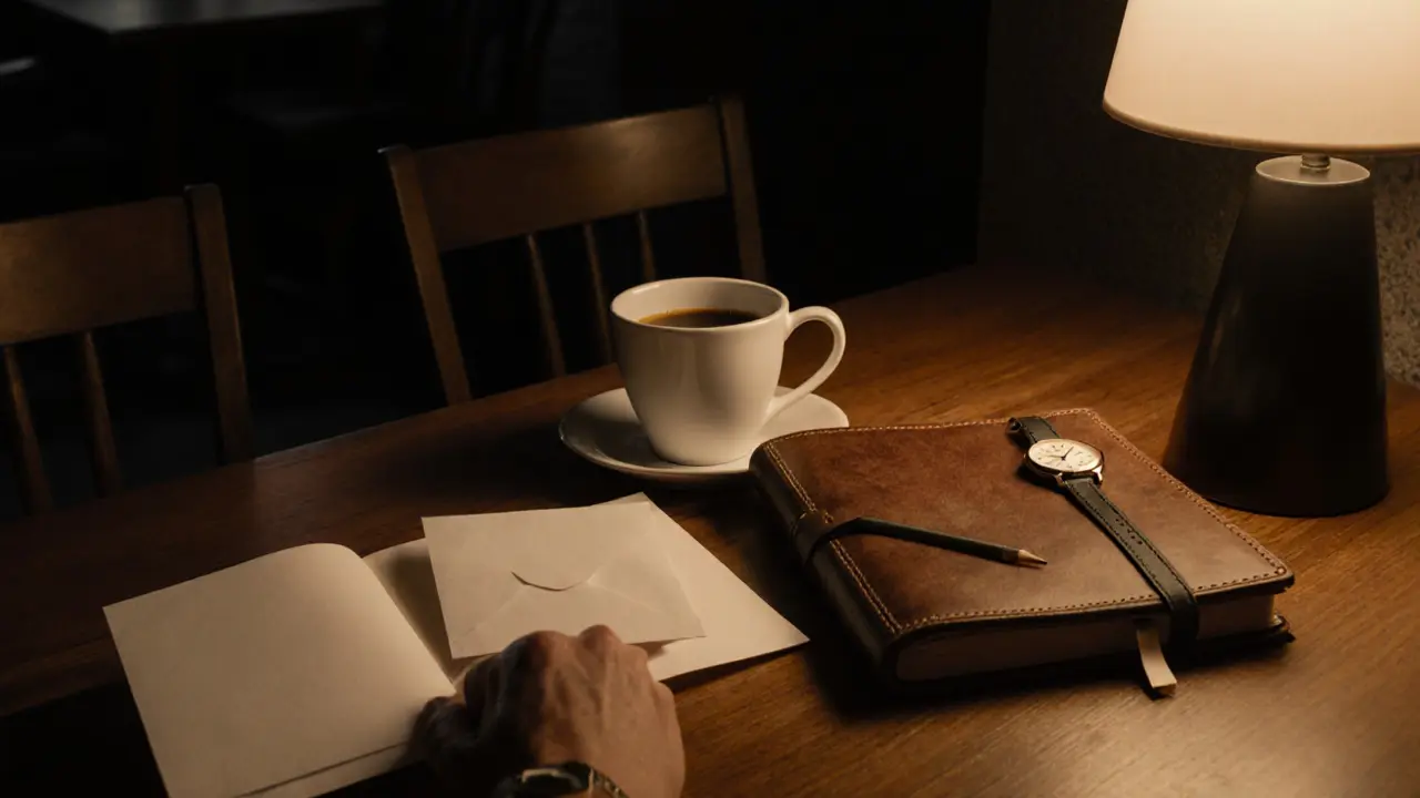 An envelope placed on a wooden table beside a coffee cup and journal, no faces visible.