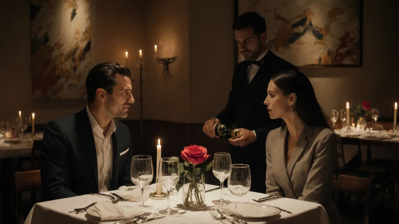 Couple at a candlelit table in a luxury Milan restaurant, waiter pouring wine.