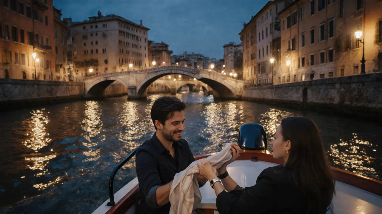 Couple on a lantern‑lit boat on Naviglio Grande, man presenting a silk scarf.