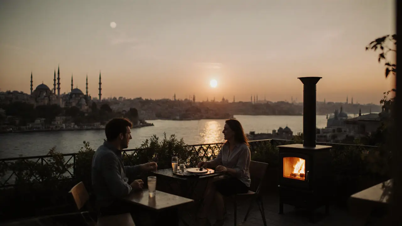 Cozy rooftop bar in Cihangir at dusk, moon rising over minarets, quiet guests sipping drinks with vinyl DJ spinning.