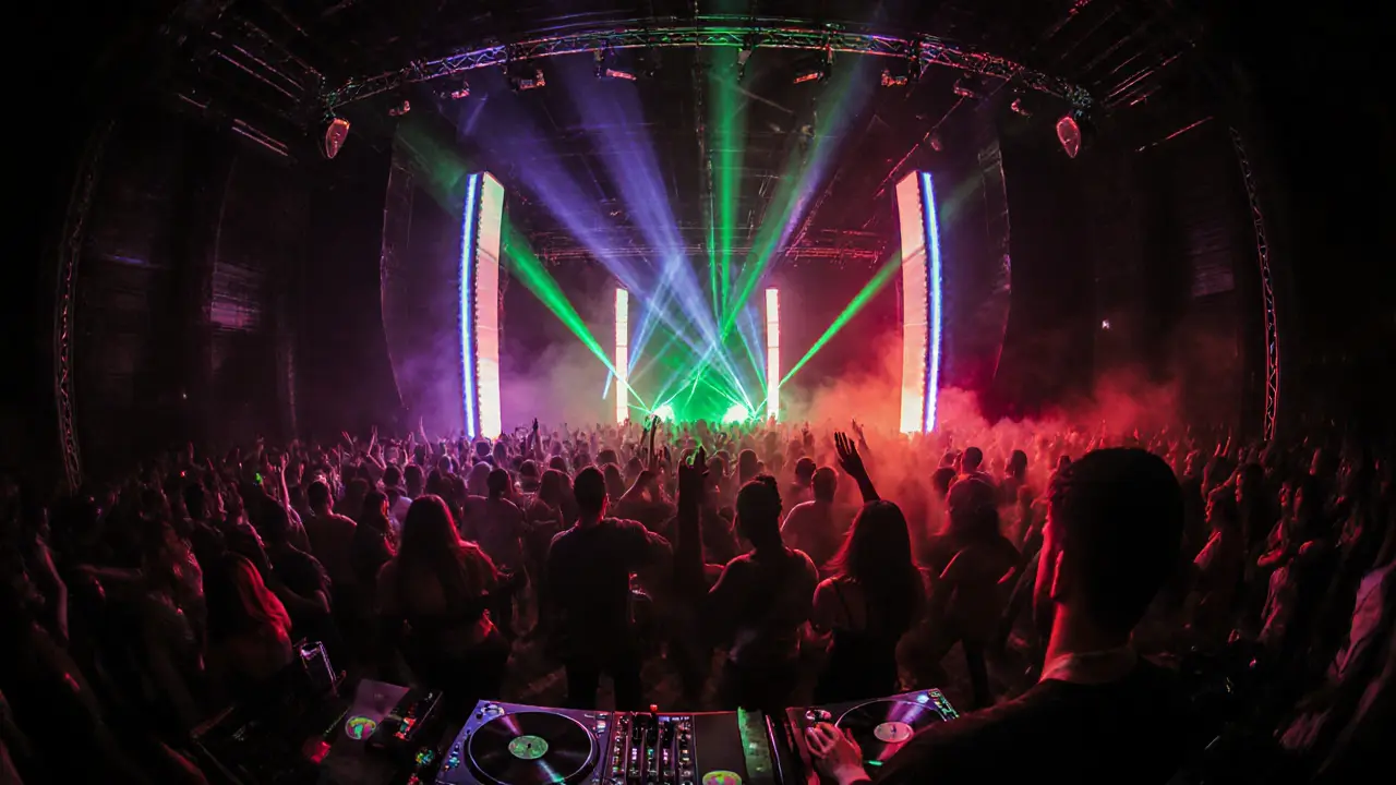 Crowded Fabric dance floor lit by lasers and fog during a Body Music night.
