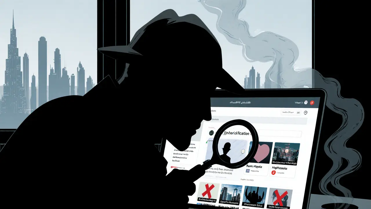 Detective-like figure examining a verified escort profile on a laptop.