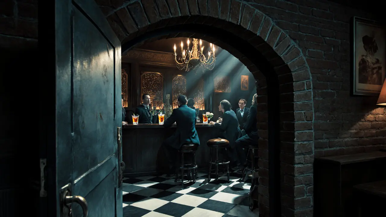 Dimly lit speakeasy entrance behind a faux pizza oven with patrons enjoying cocktails.