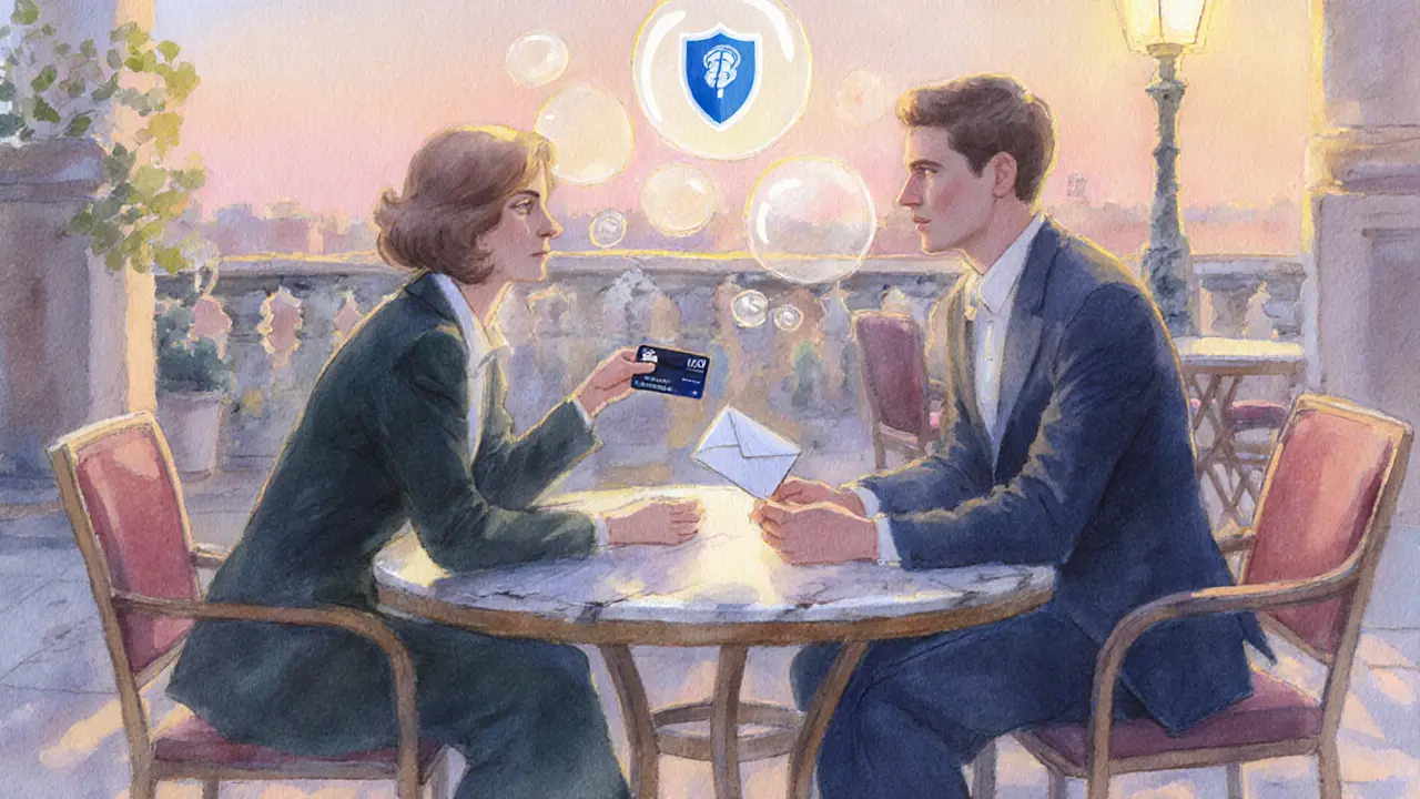 Elegant couple discreetly exchanging payment in a café, with encrypted chat bubbles.