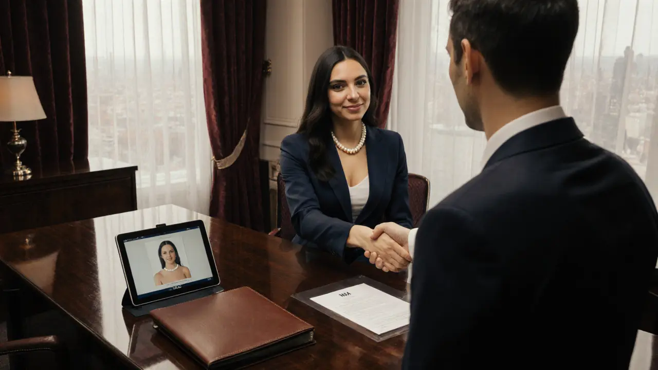 Elegant office with escort shaking hands with client over a portfolio.