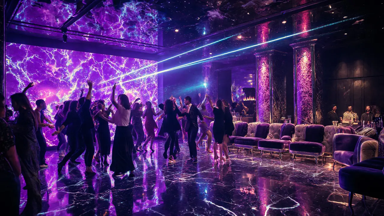 Energetic dance floor at Billionaire Mansion nightclub with vibrant lights.