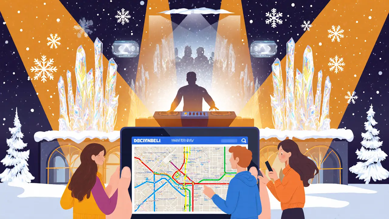 Friends planning a club outing with a Night Tube map and Winter Rave decorations.