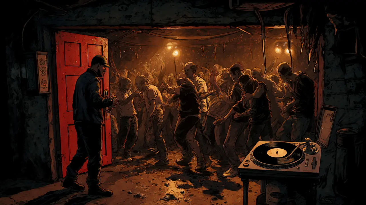 Hidden underground club in Kadıköy with dancers under dim lights, vinyl records spinning, red door entrance, no signage.