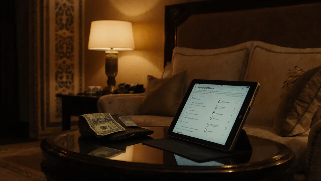Hotel suite table with cash, crypto wallet, and checklist tablet.