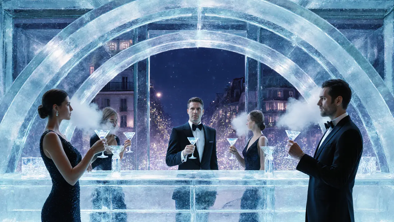 Ice bar interior at Hôtel de Crillon with icy walls and guests sipping drinks.
