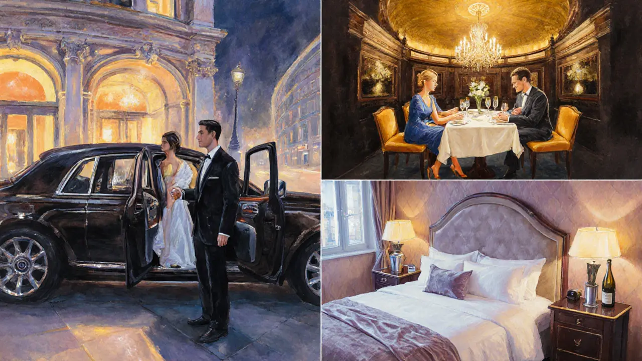 Illustration of a luxury London night: dinner, concert box, hotel suite.