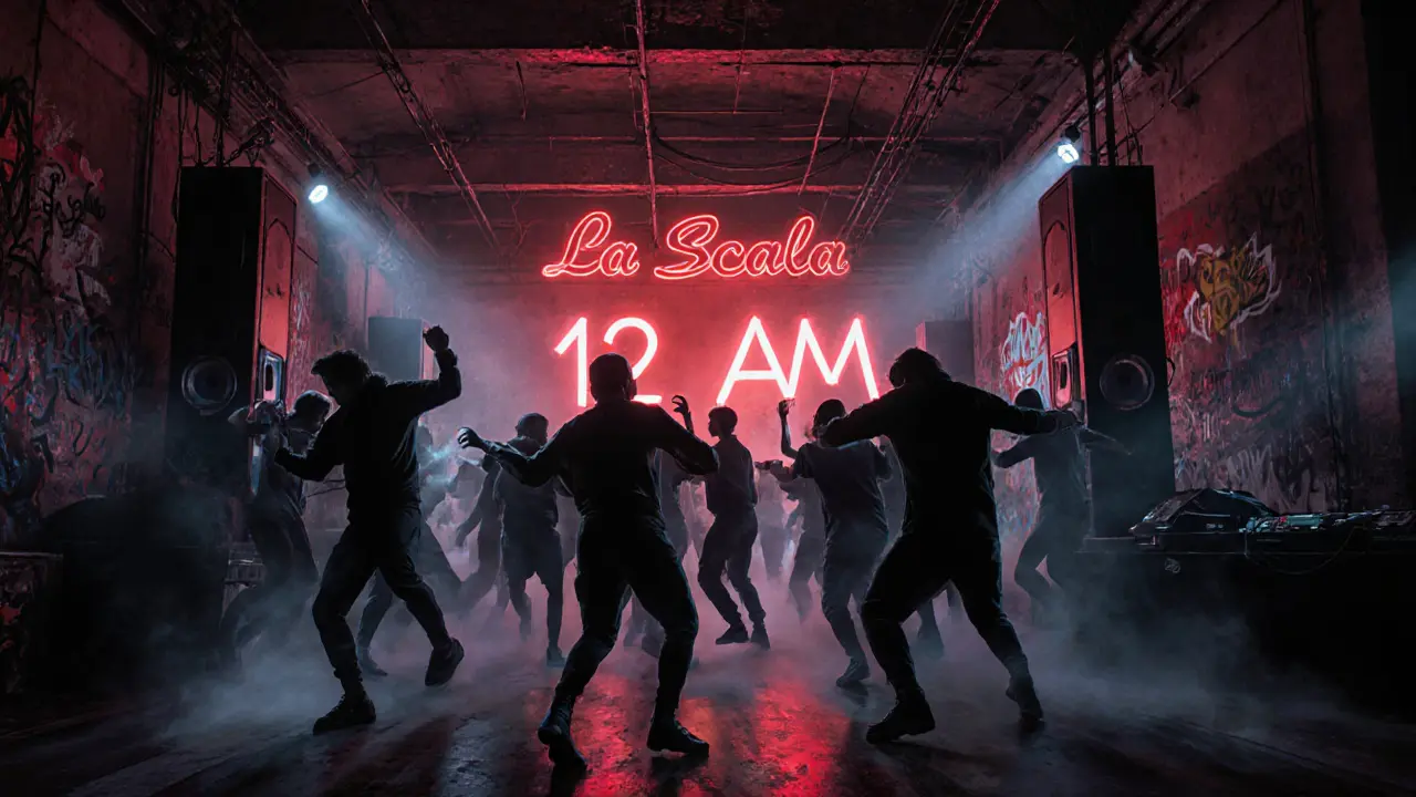 Industrial nightclub with dancers moving under strobing red and indigo lights.