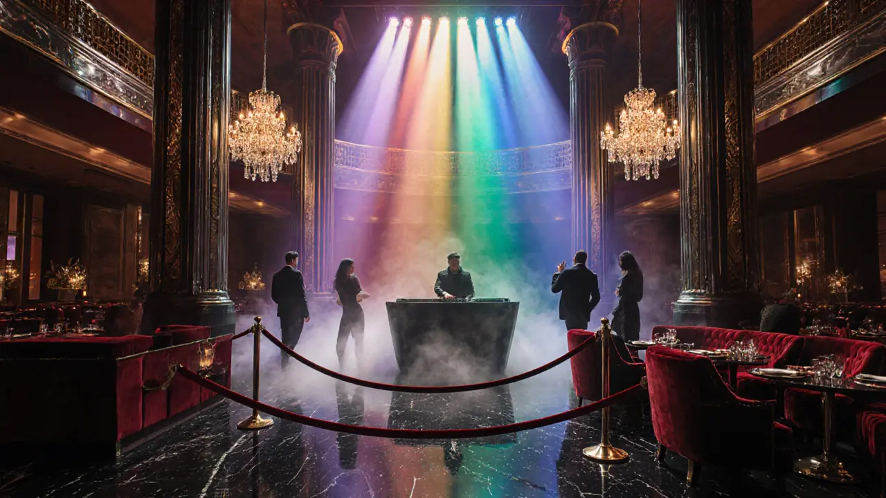 Inside Jimmy'z Monte‑Carlo club showing LED lights, dance floor and VIP tables.