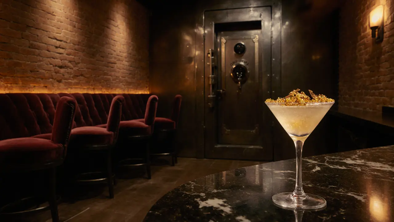 Interior of Vault 88 speakeasy with a gold‑flaked cocktail on the bar under dim industrial lighting.