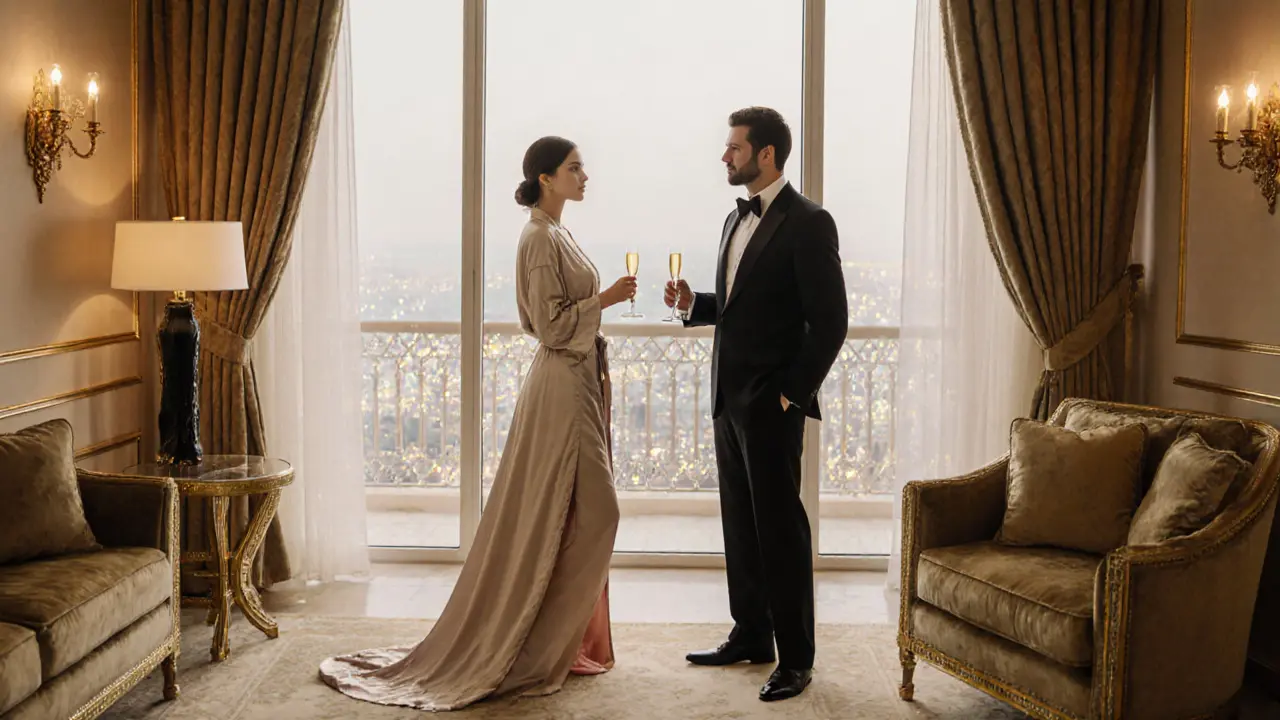 Luxurious hotel suite with a stylish escort in silk robe, gentleman with champagne, balcony view.