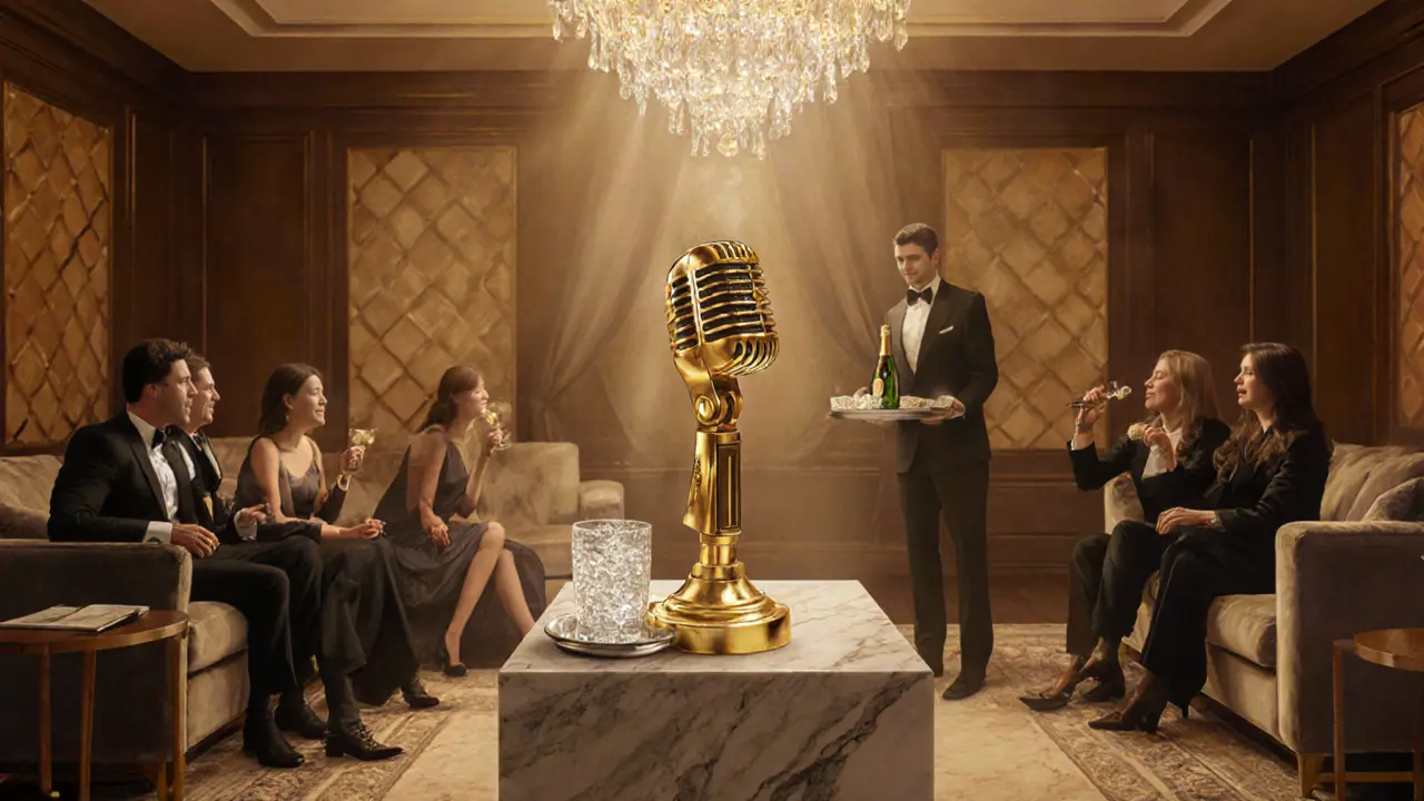 Luxury VIP karaoke suite at Singing Sands with gold microphone and champagne.