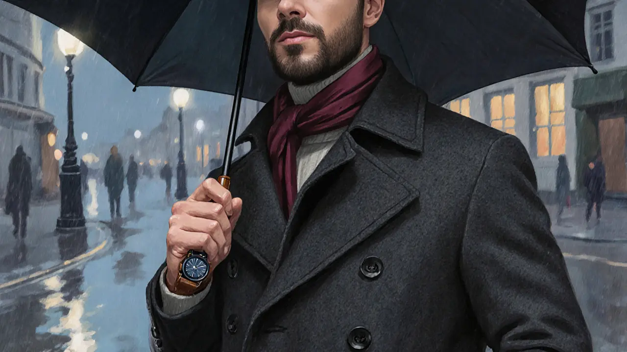 Man in heavyweight wool coat, cashmere scarf, holding a sleek umbrella on a rainy London street.