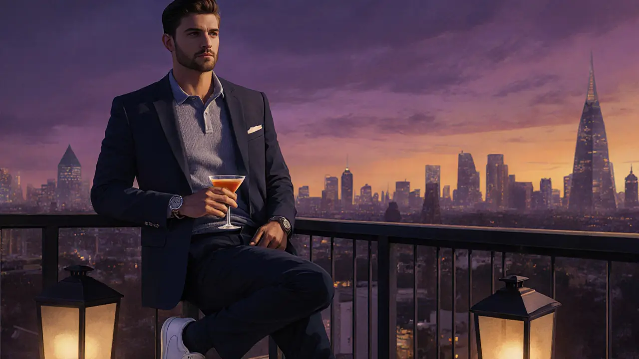 Man wearing blazer, dark trousers and pristine white sneakers at a rooftop bar overlooking London at sunset.