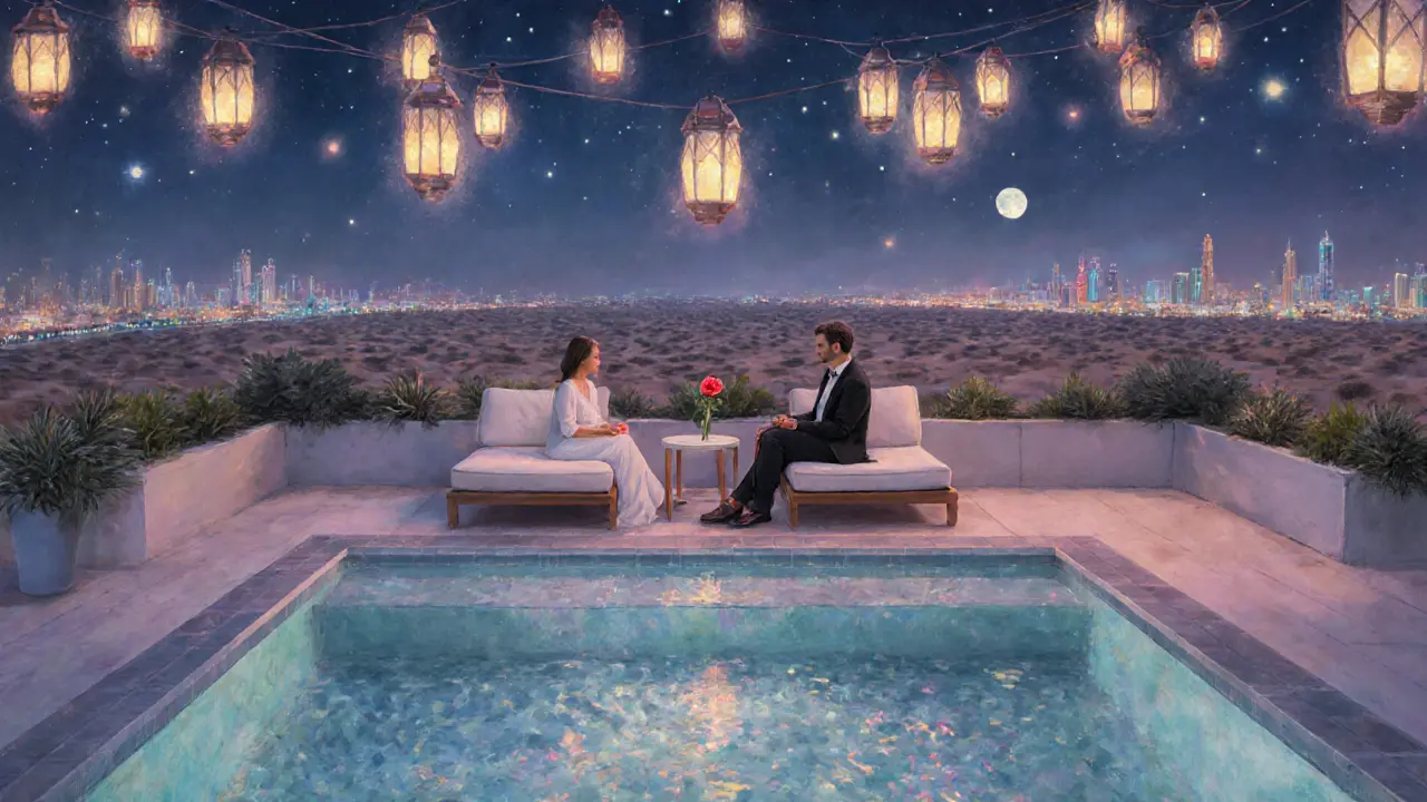 Moonlit rooftop pool terrace, couple on lounge chairs, lanterns and rose creating romantic ambiance.