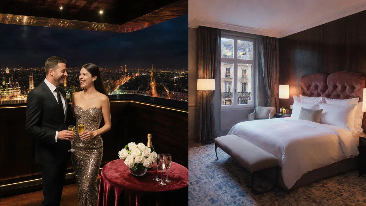 Nightclub VIP area and luxurious hotel suite showing a couple's romantic night.