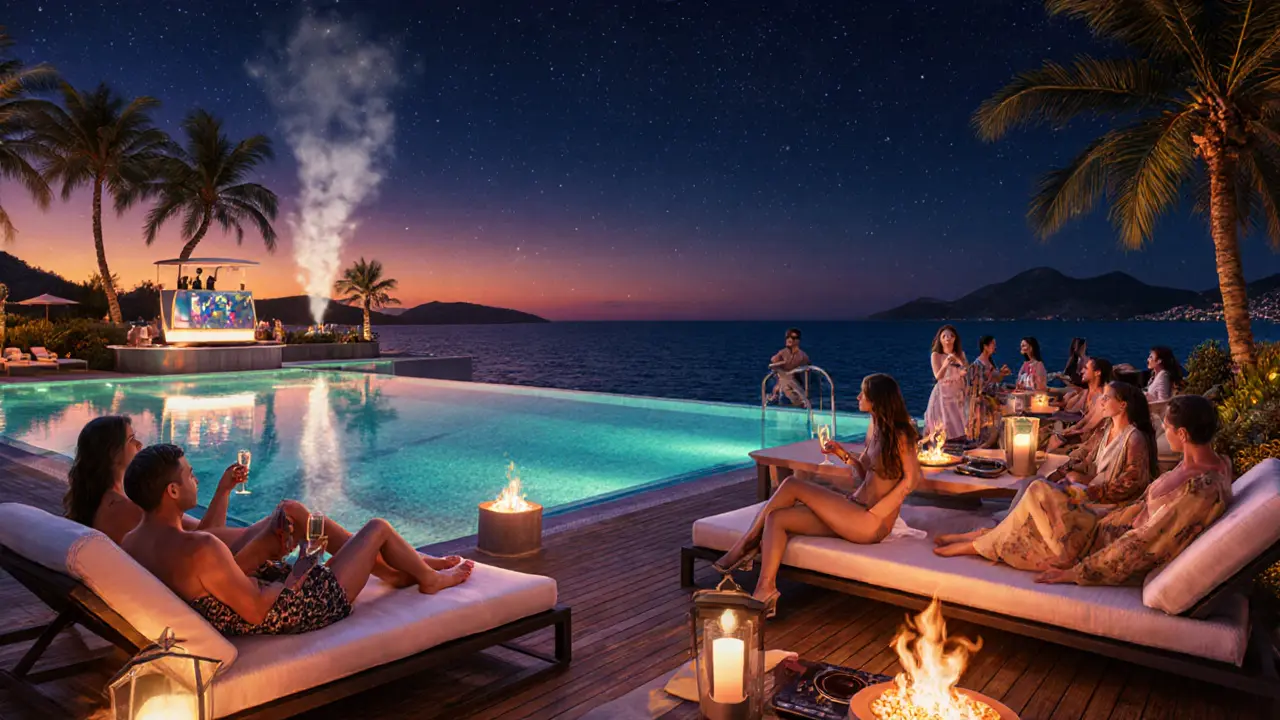 Nikki Beach Monaco nighttime beach party with fire pits, pool and stylish guests.