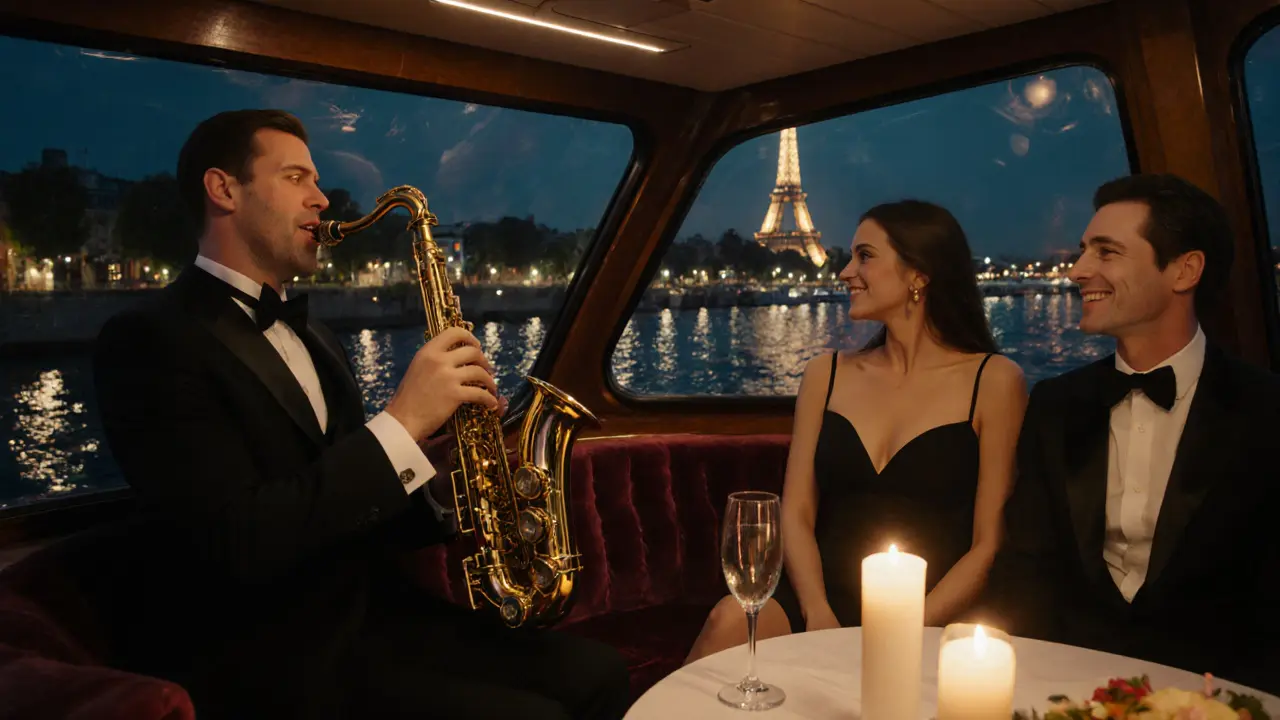 Private Seine cruise cabin with champagne, saxophonist, and a stylish escort.