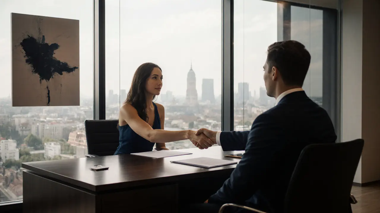 Professional meeting in a modern Berlin escort agency office.