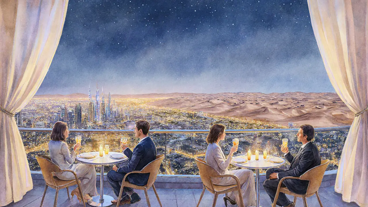 Rooftop lounge at night showing city panorama, candles, and relaxed patrons.