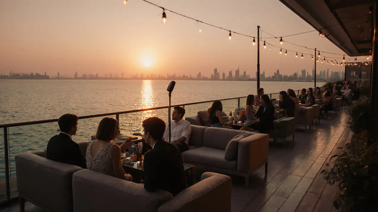 Sunset terrace at Melody Hub with couples singing karaoke by the marina.