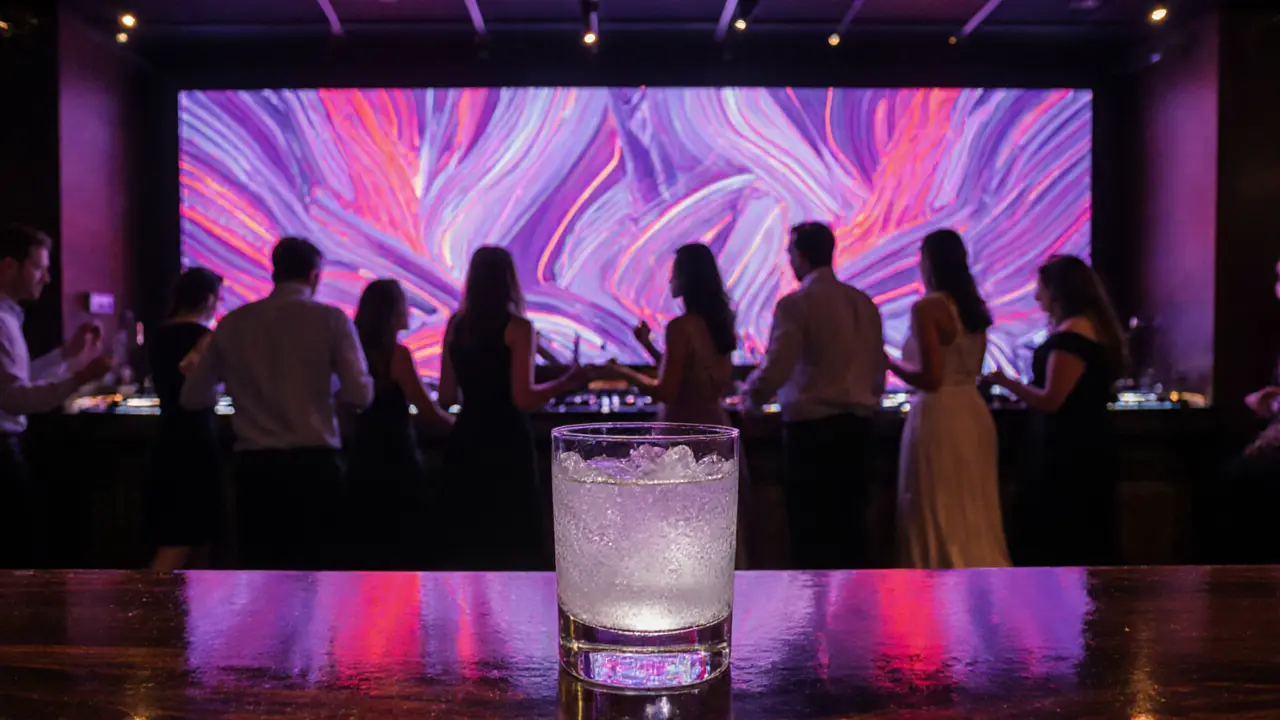 Upscale nightclub interior with LED walls, stylish guests, and vibrant lighting.