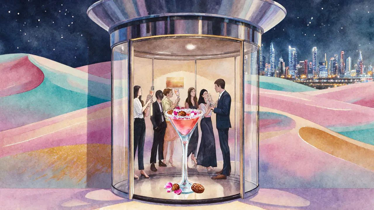 Watercolor illustration of Midnight Mirage lounge revealed by a muraled revolving door, patrons enjoying drinks.
