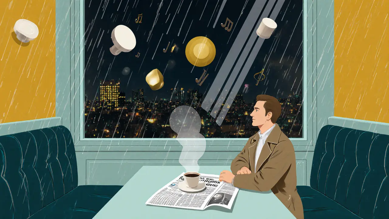 Wes Anderson-style café at night with rain-streaked windows and a lone figure gazing out.