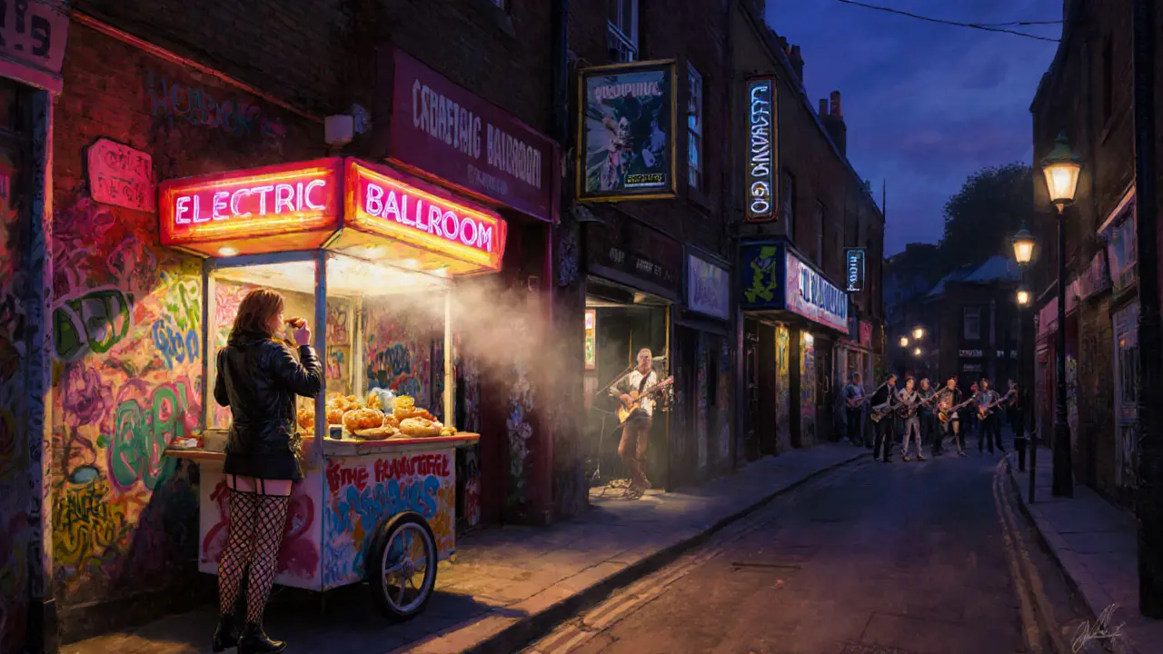 A 3 a.m. street scene in Camden with a kebab cart, graffiti, and a live band spilling sound into the alley.