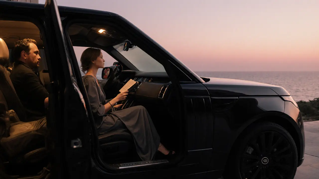 A black luxury car parked at a villa at dusk, a woman inside reading quietly under soft interior lighting.