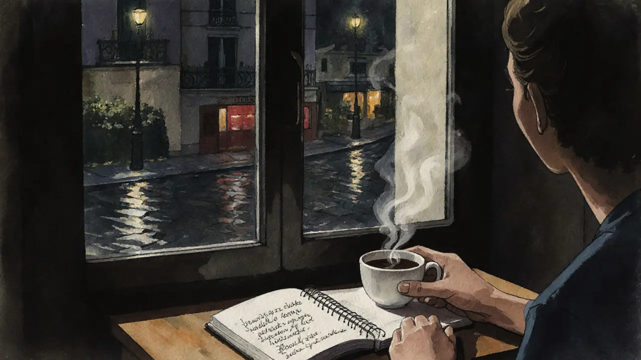 A coffee cup and notebook by a rain-dampened Paris window at night.