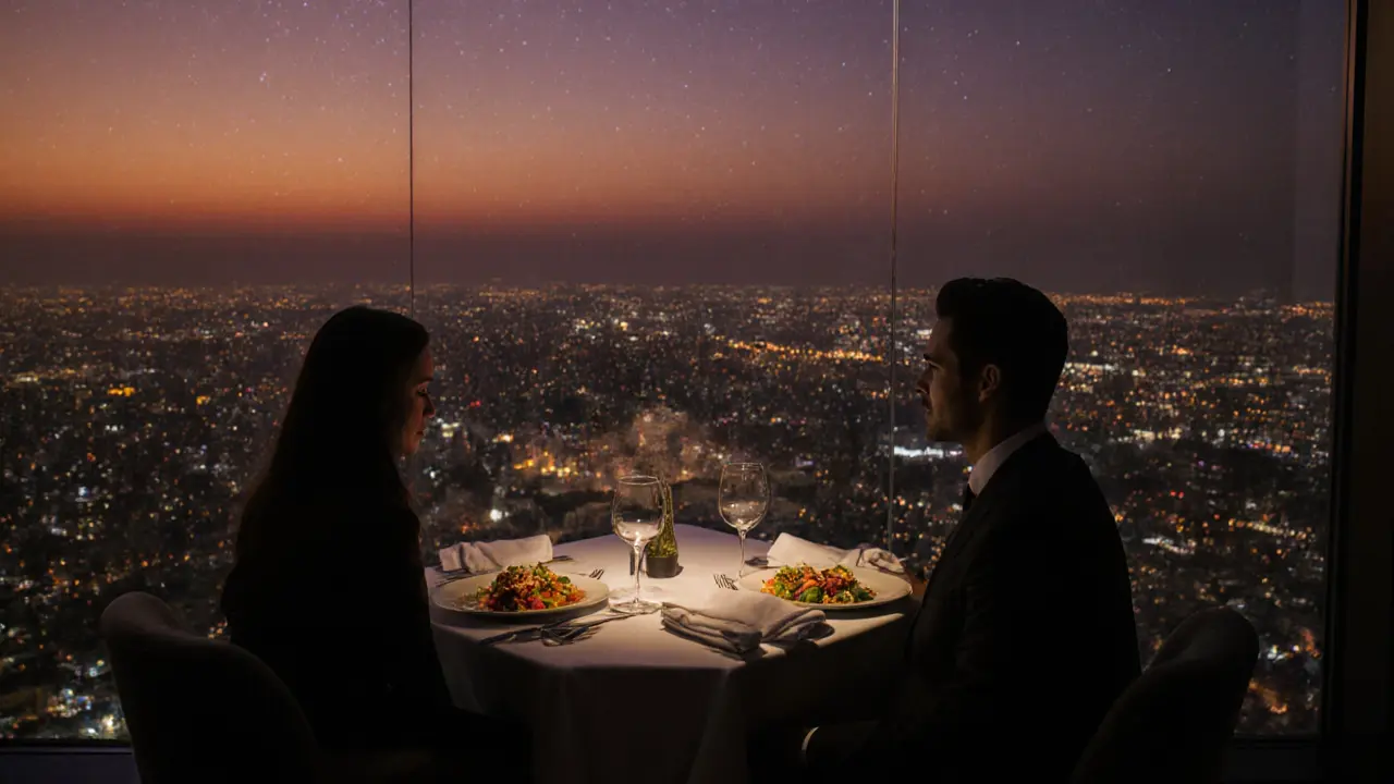 A couple enjoys sunset dinner at Burj Khalifa&#039;s At.mosphere with city lights glowing below in twilight.