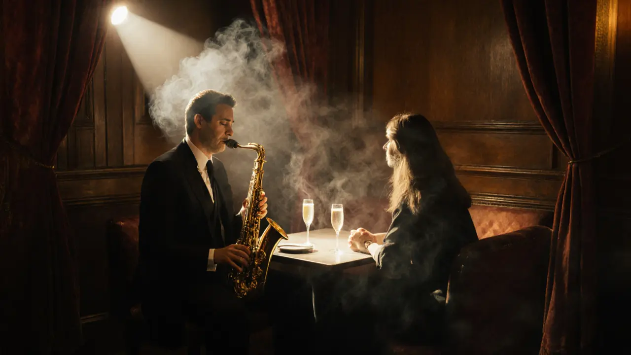 A couple listens to a saxophone solo in a cozy, dimly lit jazz club in Monaco.