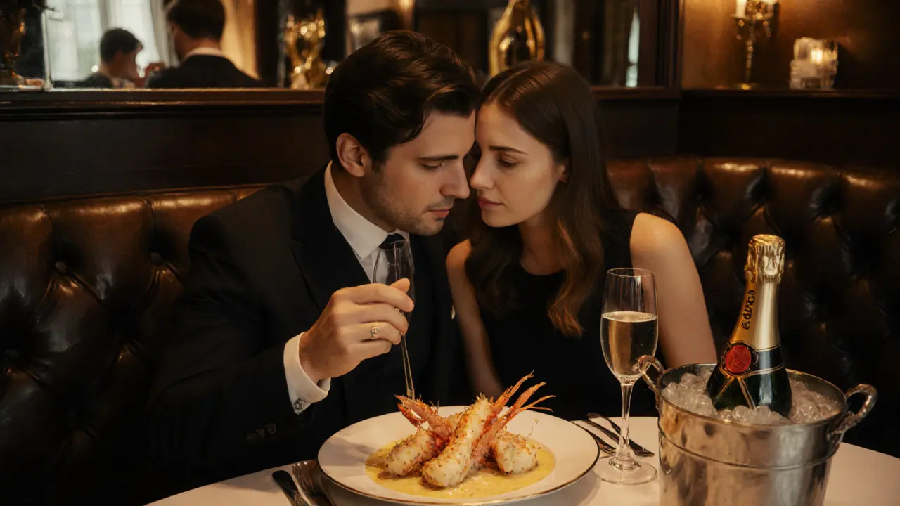 A couple shares lobster thermidor in a plush booth at Scott’s, champagne chilling nearby under golden lighting.