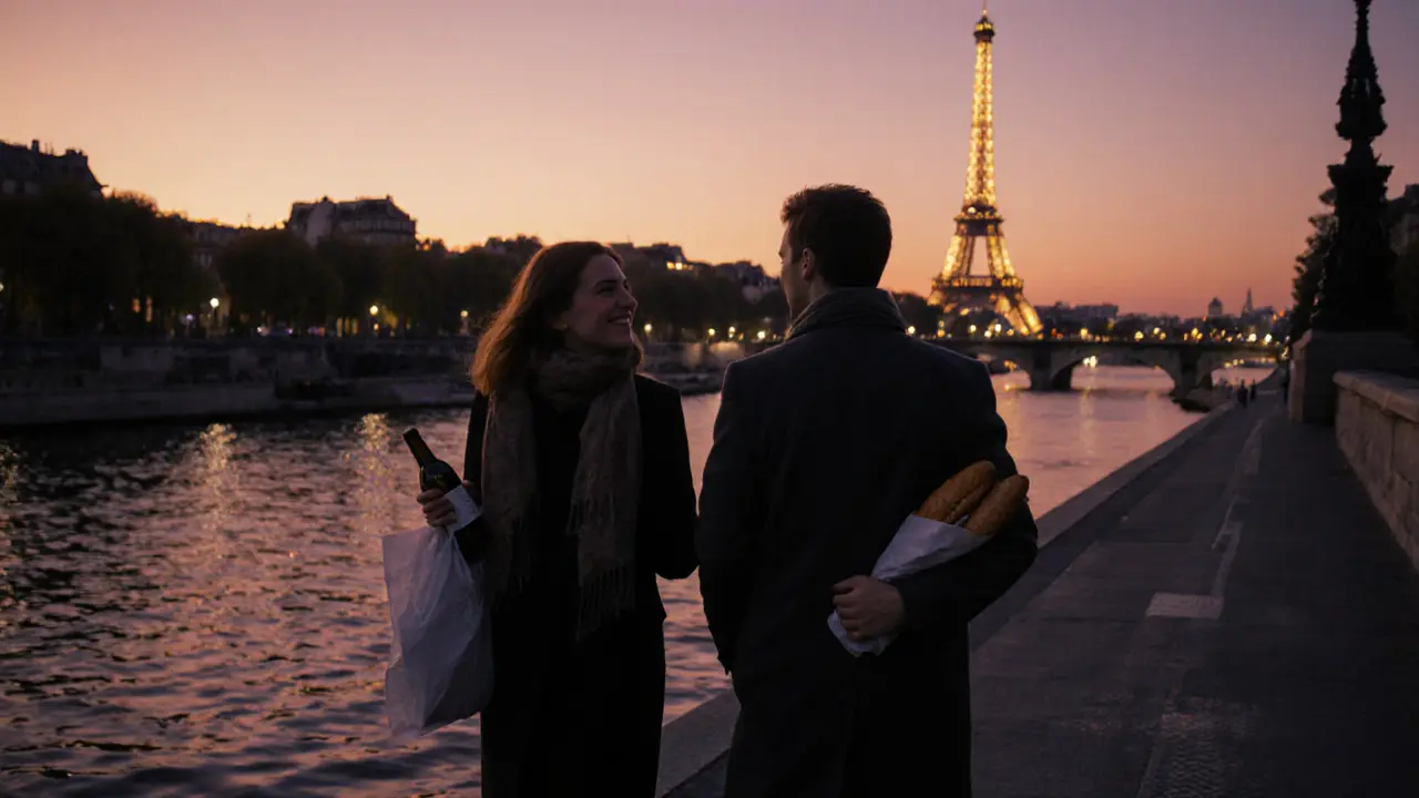 A couple walking along the Seine at sunset, enjoying baguettes and wine.