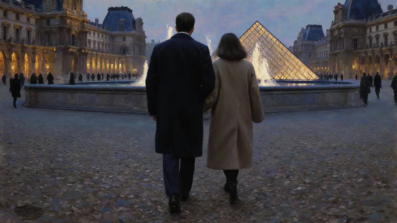 A couple walking peacefully through Tuileries Garden at twilight, surrounded by quiet elegance.