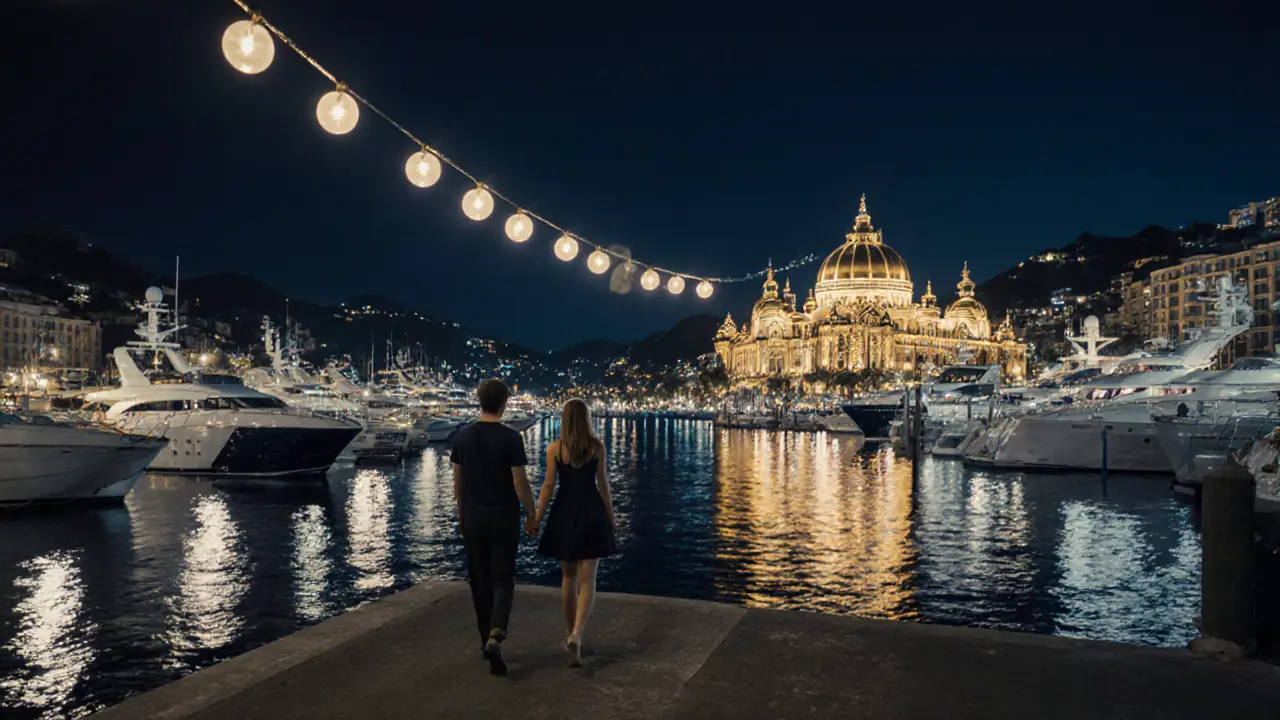 A couple walks hand-in-hand along the lit yachts of Port Hercule at midnight.