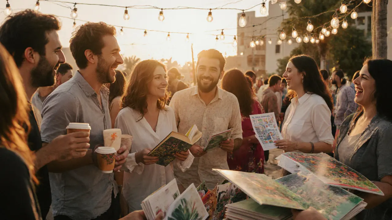 A group of diverse people enjoy a cultural meetup in Dubai under string lights, laughing and sharing coffee.