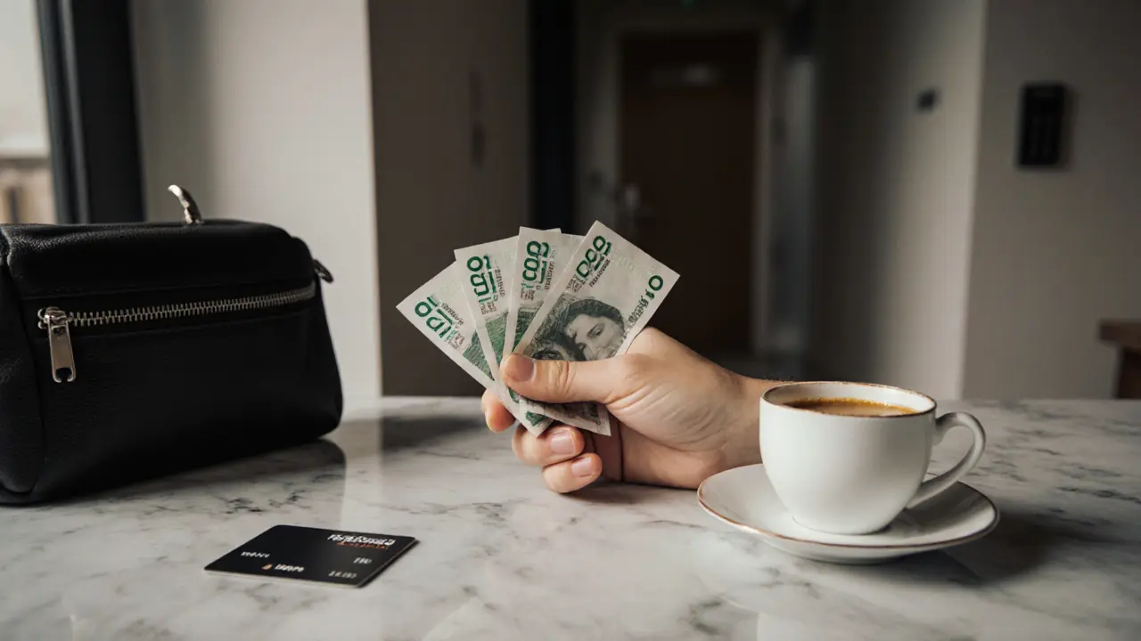 A hand placing cash on a marble counter beside a coffee cup in a secure apartment hallway.