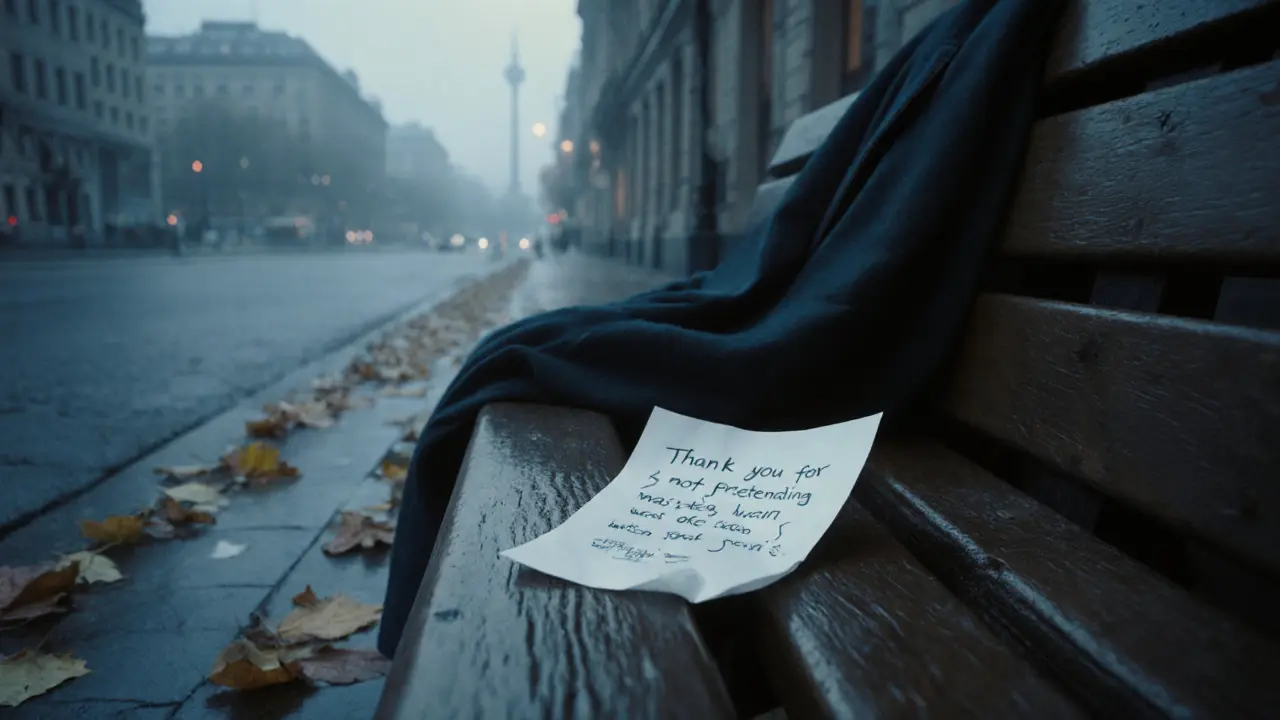 A handwritten note lies on a bench in a quiet Berlin street at dawn, symbolizing emotional release and quiet healing.