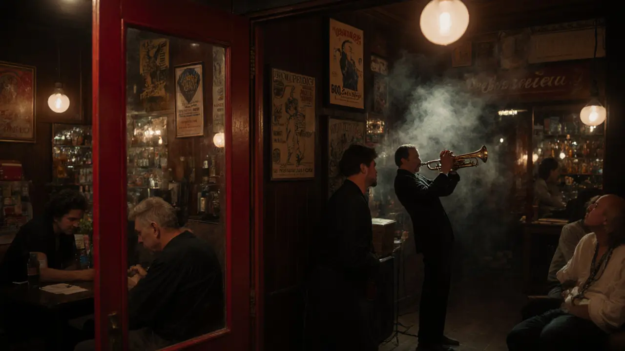 A jazz musician playing trumpet in a dim basement club, patrons listening intently.